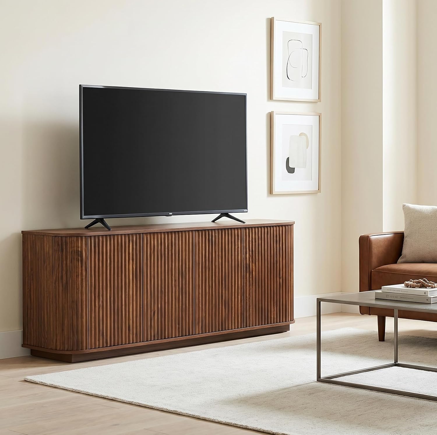 Fluted TV Stand for TVs Up to 75 Inch, Walnut Mid Century Modern TV Console for Living Room, Entertainment Center with Storage, Wood Media Console Cabinet