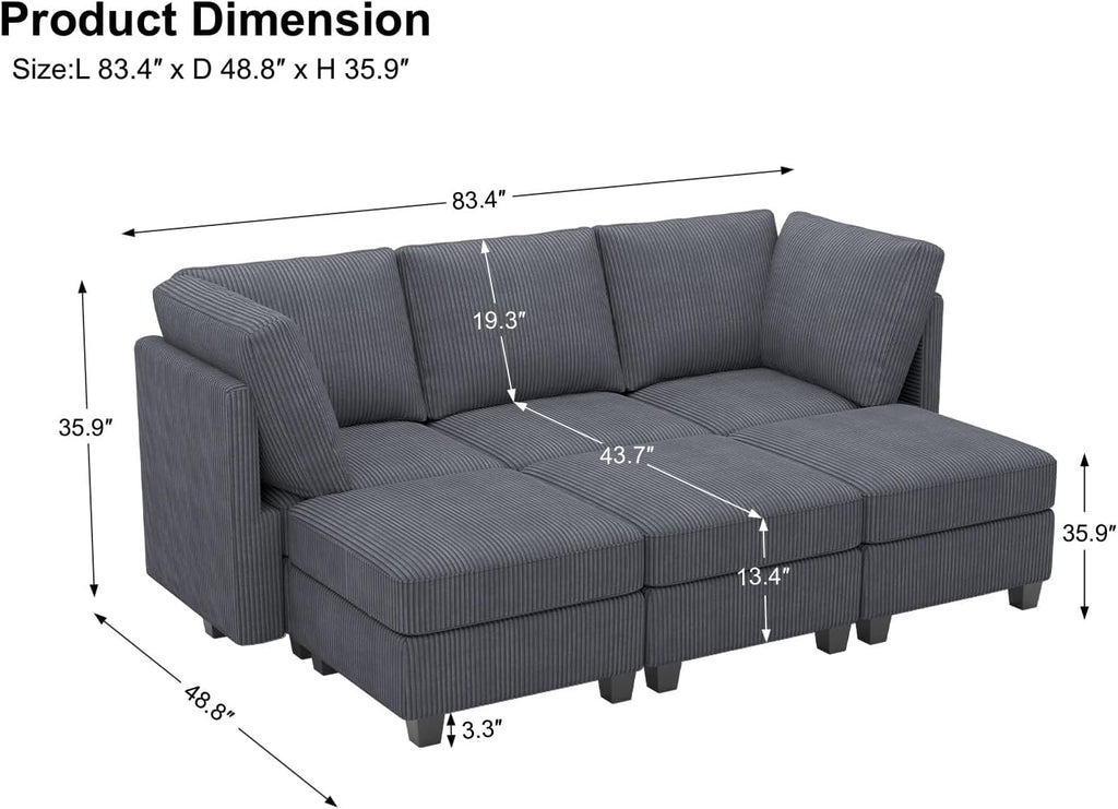 Belffin Modular Sectional Sleeper Sofa with Storage Seat 6 Seat Sectional Sleeper Sofa Bed Corduroy Sectional Couch with Reversible Chaise Dark Grey Modular Couch for Living Room
