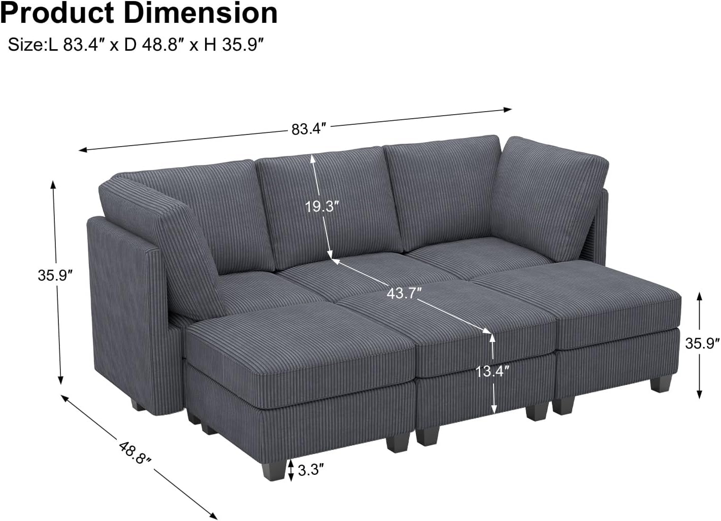 Belffin Modular Sectional Sleeper Sofa with Storage Seat 6 Seat Sectional Sleeper Sofa Bed Corduroy Sectional Couch with Reversible Chaise Dark Grey Modular Couch for Living Room