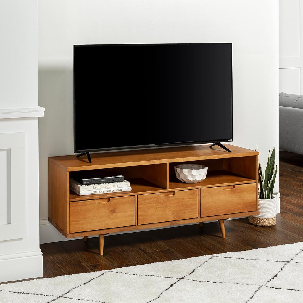 Walker Edison 3-Drawer Mid Century Modern Wood TV Stand for TV's up to 65' Flat Screen Cabinet Door Living Room Storage Entertainment Center, 58 Inch, Caramel