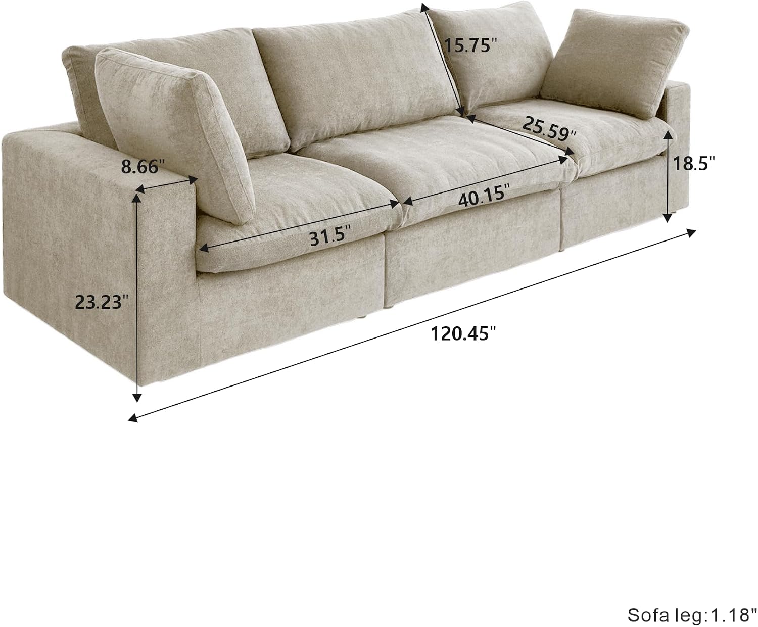 Cloud Modular Sectional Sofa Couch,120.45' Convertible Couches 3 Seater Sofa for Living Room,Minimalist Deep Sofa Couches,Covers Washable&Replaceable(Khkai)