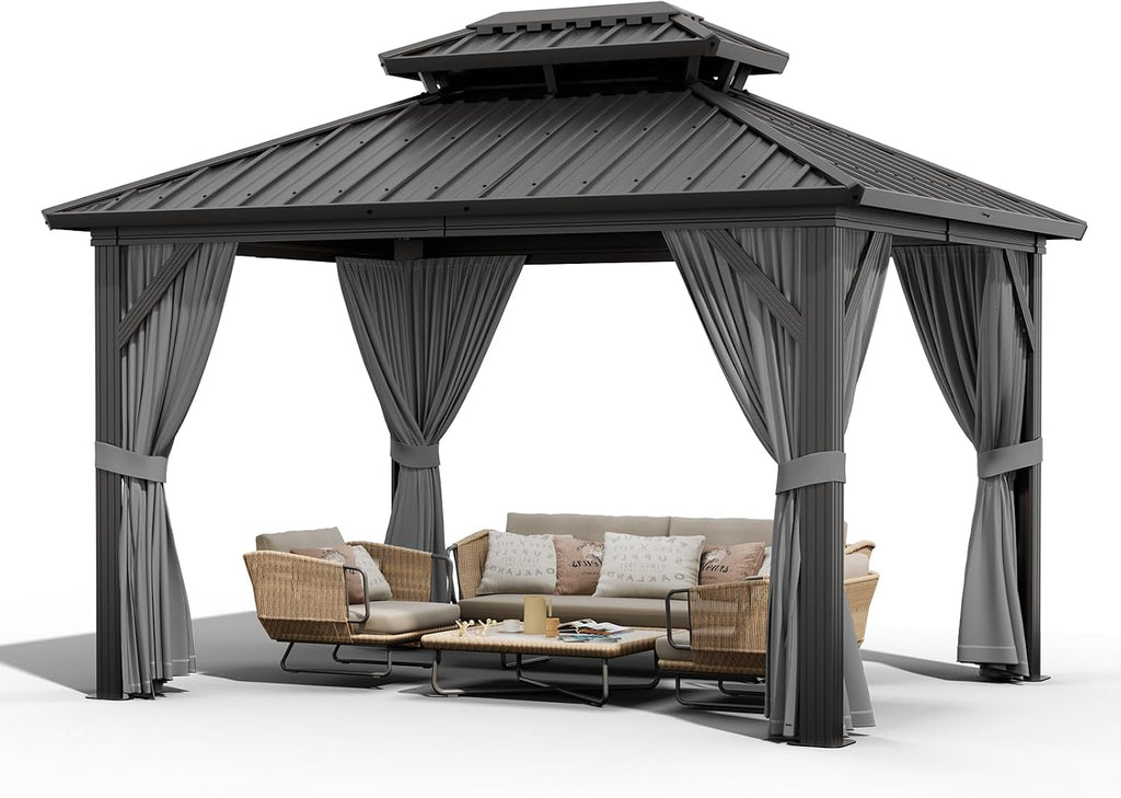 Garvee 10x12 ft Hardtop Gazebo, Outdoor Heavy Duty Galvanized Aluminum Framed Double Roof Pavilion with Netting and Curtains, Waterproof Metal Roof Gazebo for Backyard, Patio, Deck and Poolside, Grey