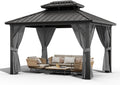 Garvee 10x12 ft Hardtop Gazebo, Outdoor Heavy Duty Galvanized Aluminum Framed Double Roof Pavilion with Netting and Curtains, Waterproof Metal Roof Gazebo for Backyard, Patio, Deck and Poolside, Grey