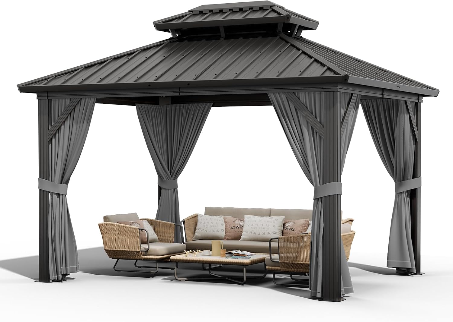 Garvee 10x12 ft Hardtop Gazebo, Outdoor Heavy Duty Galvanized Aluminum Framed Double Roof Pavilion with Netting and Curtains, Waterproof Metal Roof Gazebo for Backyard, Patio, Deck and Poolside, Grey