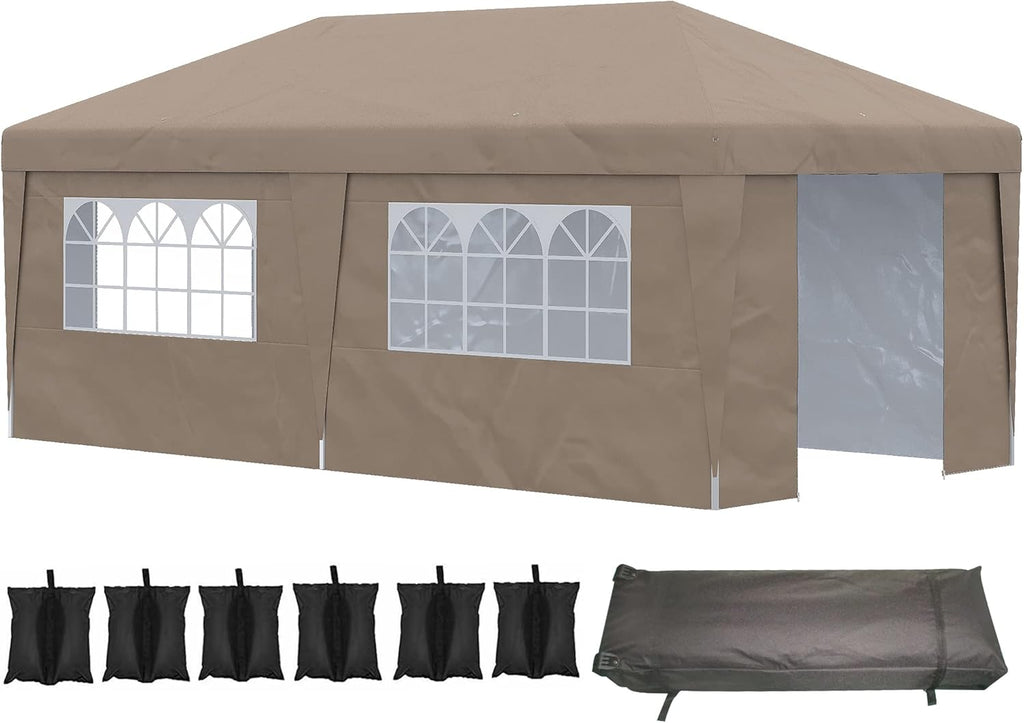 Outsunny 10' x 19.5' Pop Up Canopy with Sidewalls, UPF 30+ Height Adjustable Large Party Tent Event Shelter with Sandbags and Wheeled Carry Bag for Garden, Patio, Brown