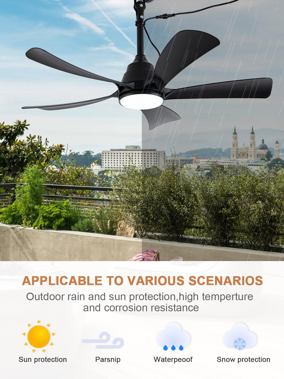 Bella Depot 42' Outdoor Ceiling Fan Black Waterproof Gazebo Fan with Light Smart App Remote Control Hanging Fan for Outside Patios Pergola Tent Plug-in Design (42'- Black)