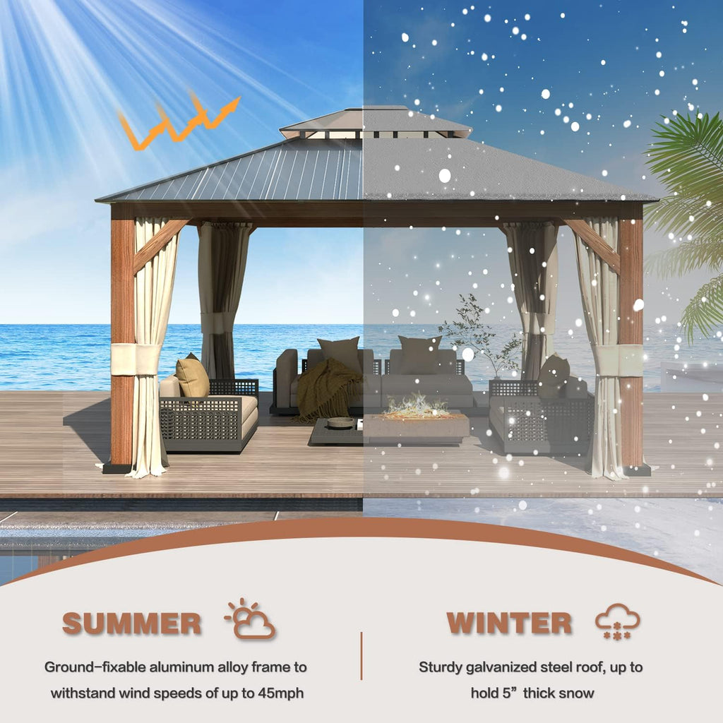 YOLENY 12' x 14' Hardtop Gazebo Ultra-Thick Columns and Beams with Wood Grain Aluminum Frame, Dual Material Double Roof, Outdoor Gazebo with Netting and Curtains for Deck, Backyard and Patio