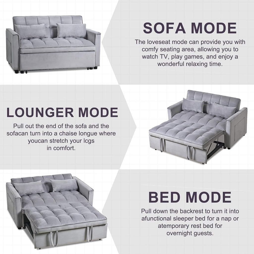 3-in-1 Convertible Sleeper Sofa Bed, 63' Modern Pull Out Couch with Adjustable Reclining Backrest - Velvet Fabric Loveseat for Living Room, Bedroom, Apartment (Gray)
