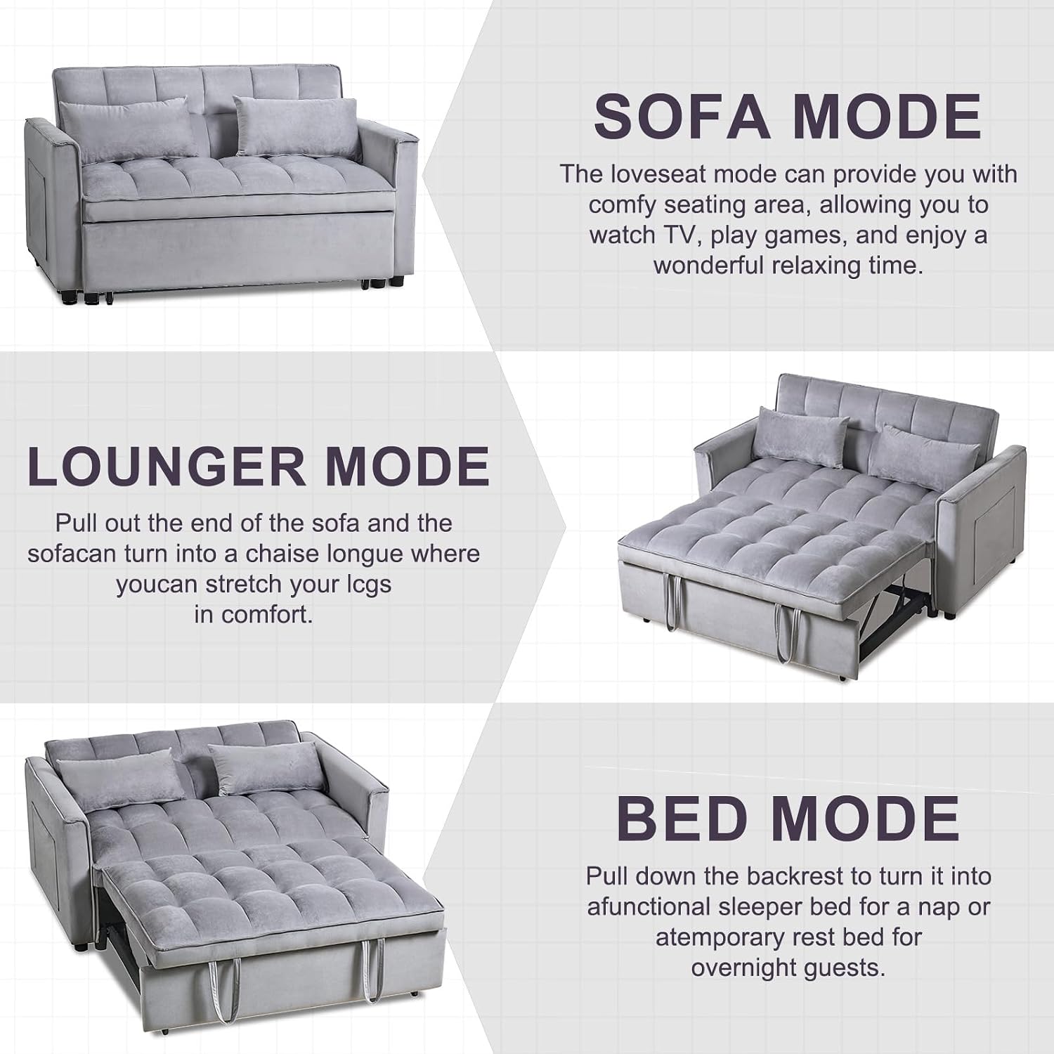 3-in-1 Convertible Sleeper Sofa Bed, 63' Modern Pull Out Couch with Adjustable Reclining Backrest - Velvet Fabric Loveseat for Living Room, Bedroom, Apartment (Gray)