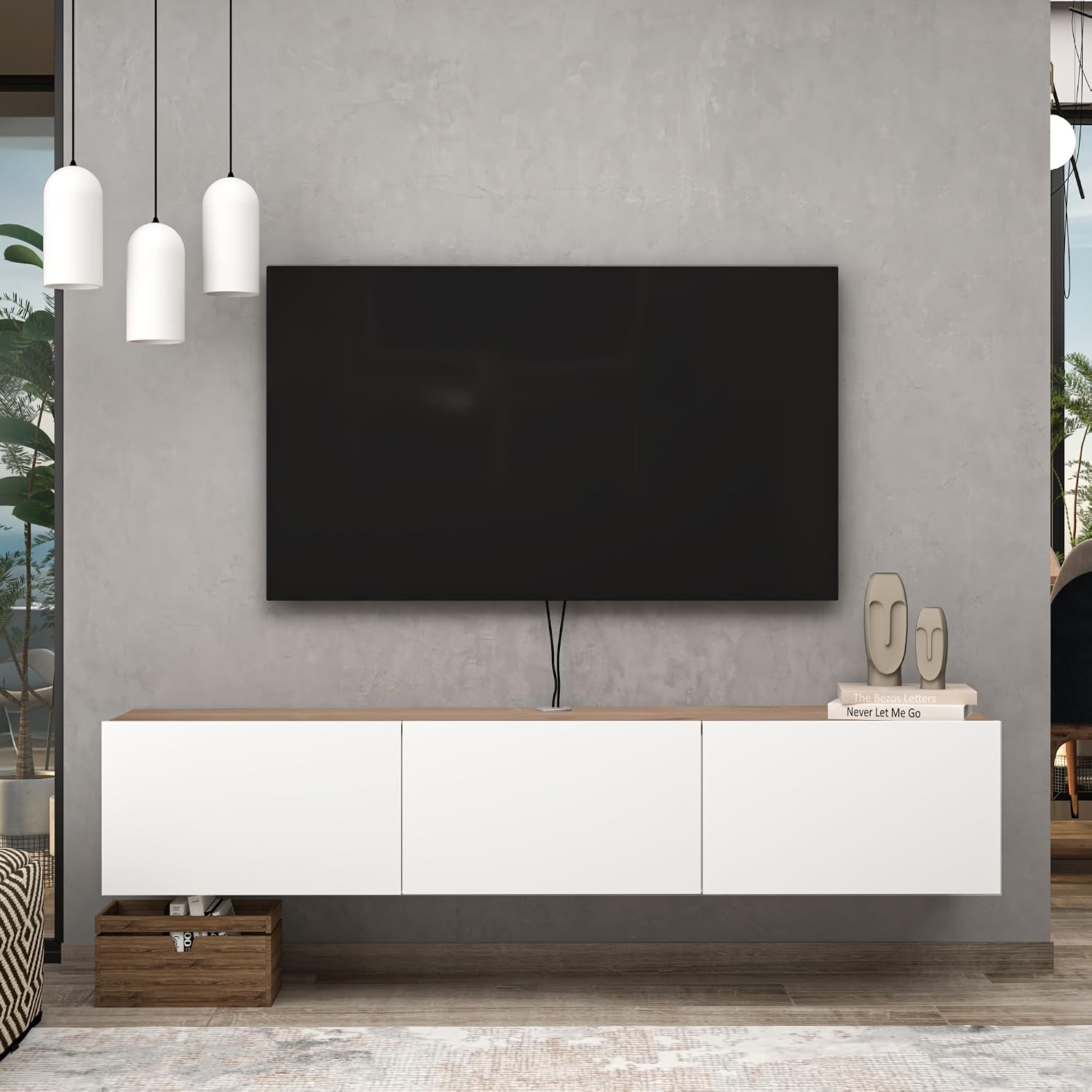 Atelier Mobili Floating TV Stand - Wall Mounted, Supports up to 80 inch TV, Modern White Entertainment Center for Living Room, White Floating TV Stand with Oak Counter Design