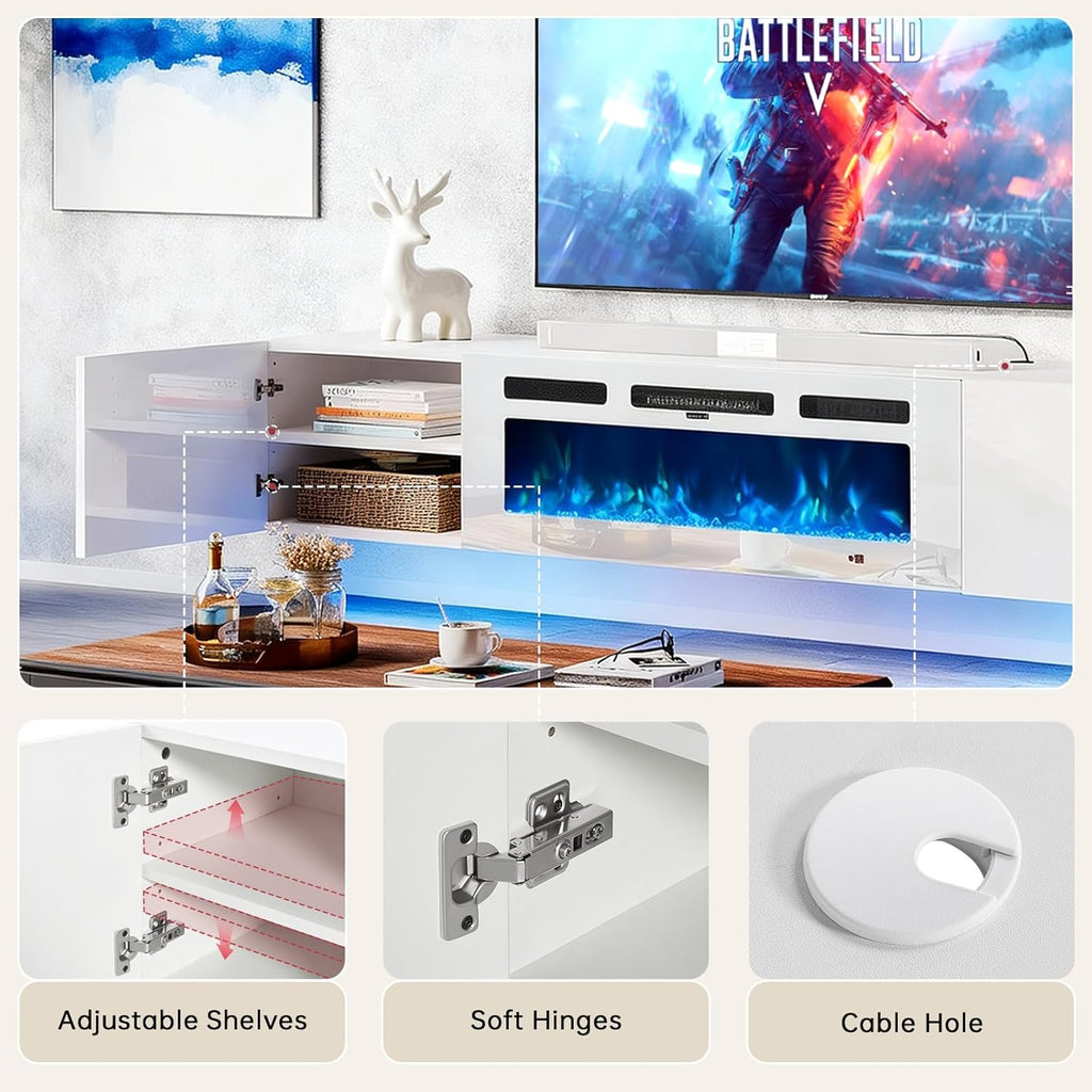 70'' Floating TV Stand with 36' Electric Fireplace, Wall Mounted Entertainment Center with Storage for TVs up to 80', Adjustable 12-Color LED Lights Media TV Console for Living Room,All White