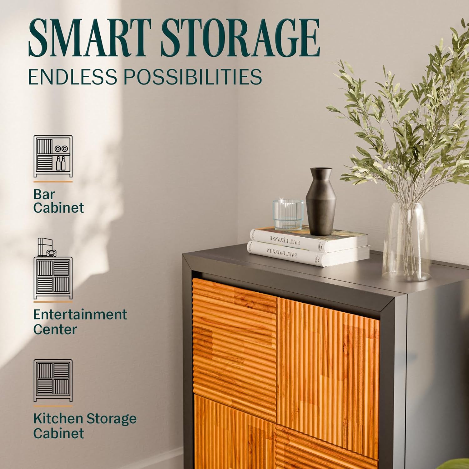 Bme Madia Accent Cabinet, Trendy Fluted Pattern Entryway Table with Storage with Convenient Soft-Close Doors, Solid Acacia Wood Frame with Adjustable Shelf and Legs, Fully Assembled