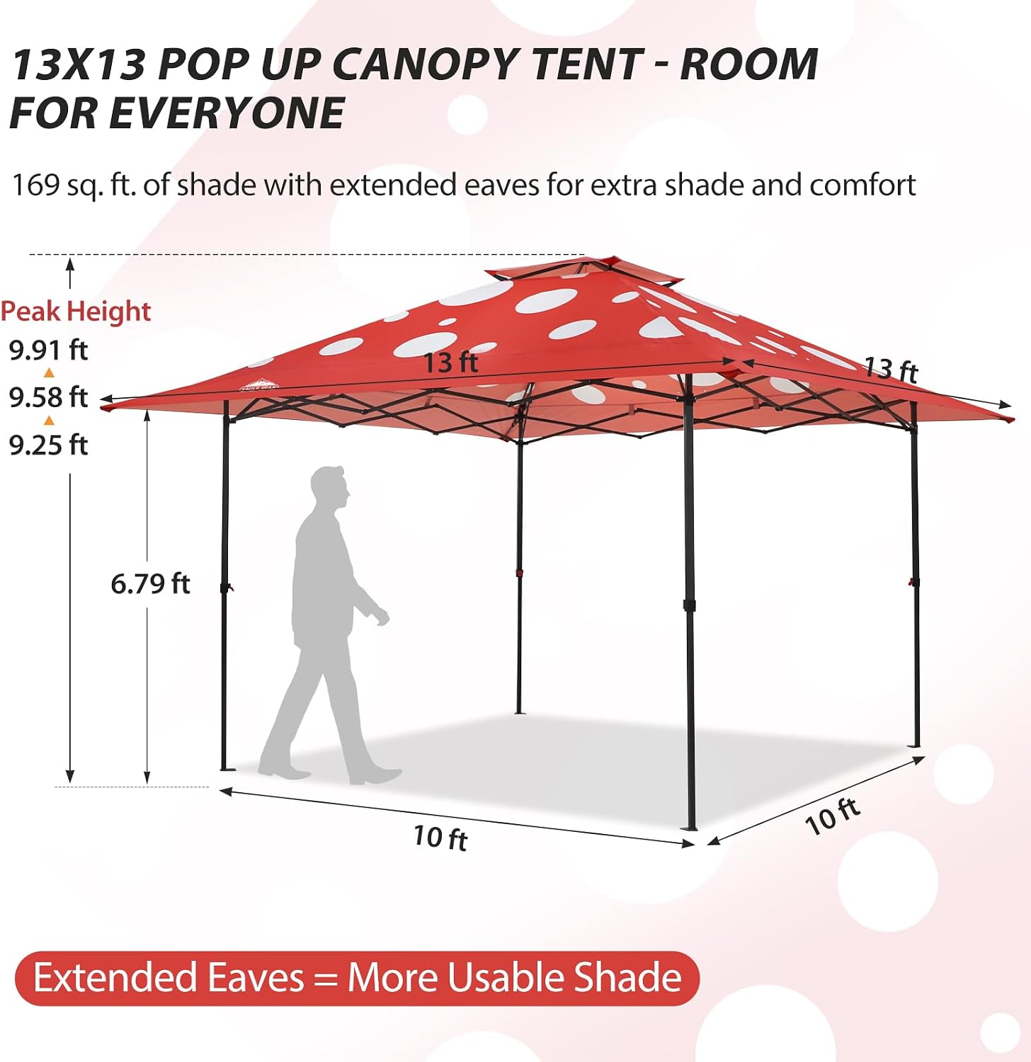 EAGLE PEAK 13x13 Straight Leg Pop Up Canopy Tent Instant Outdoor Canopy Easy Single Person Set up Folding Shelter w/Auto Extending Eaves 169 Square Feet of Shade (Red Mushroom)