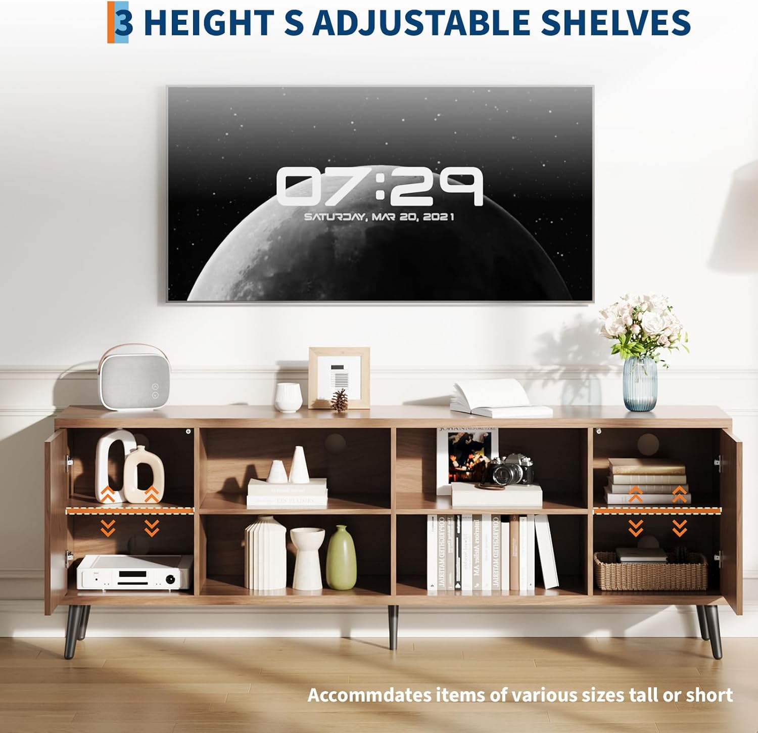 70' Fluted TV Stand for Living Room , Mid Century Modern Television Stand with Open Storage Shelves for Up to 75 Inch TVs, Entertainment Center Media Console TV Cabinet with Adjustable Shelves