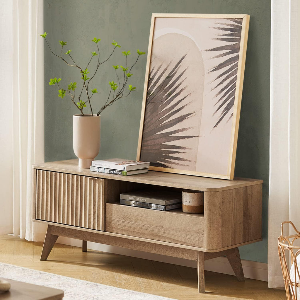 mopio Brooklyn Mid-Century Modern TV Stand, for TVs up to 50' / 59' Waveform Panel, Sleek Curved Profile with Adjustable Shelf and Sturdy Box Frame Leg (Golden Oak, 47')