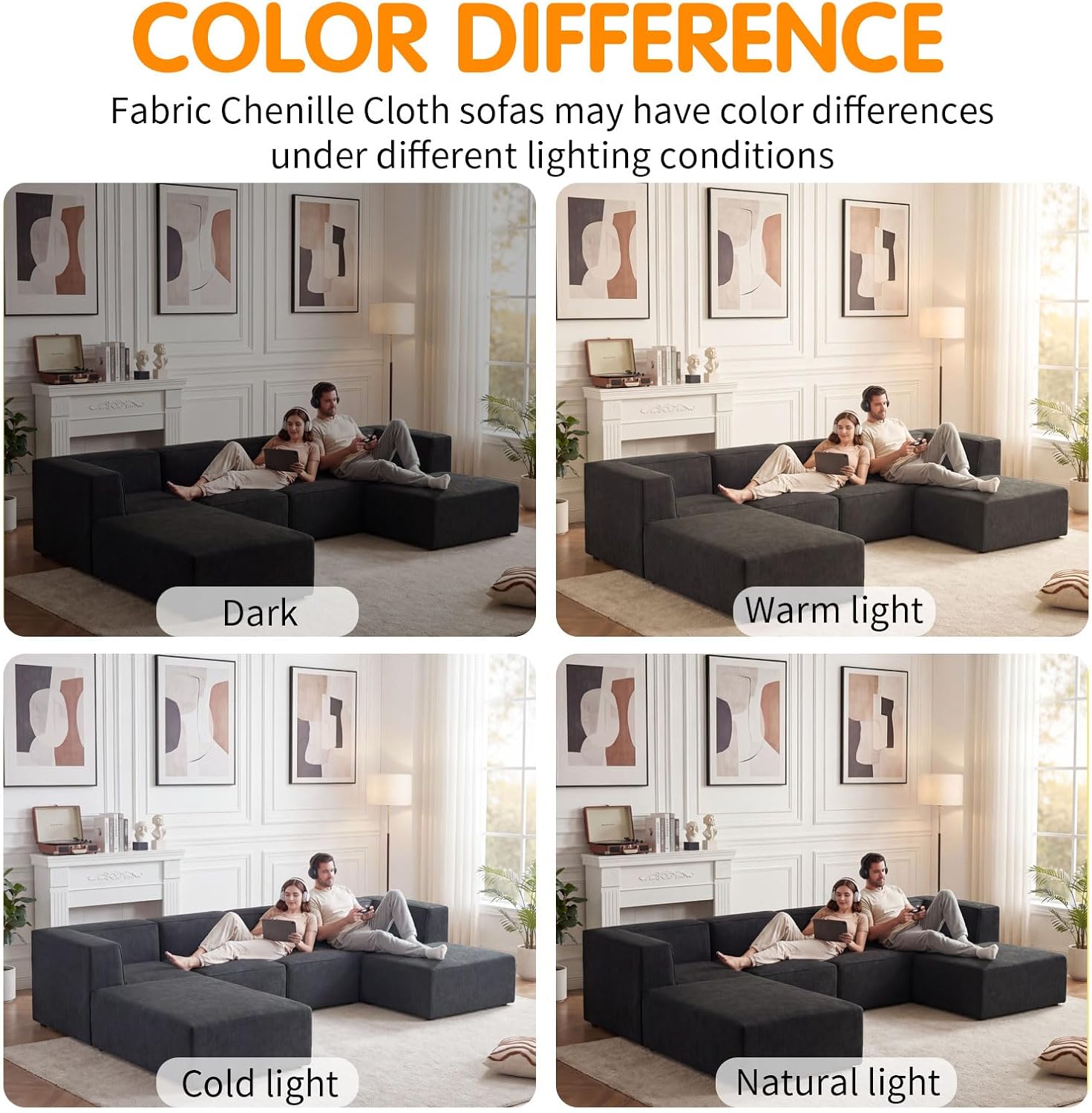 136' 6-Piece Sectional Sofa Modular Couches,L-U-Shaped with Chaise,for Living Room,Compressed Foam No Assembly,for Living Room (2xArmless Corner Ottoman) Fabric Chenille Dark Grey