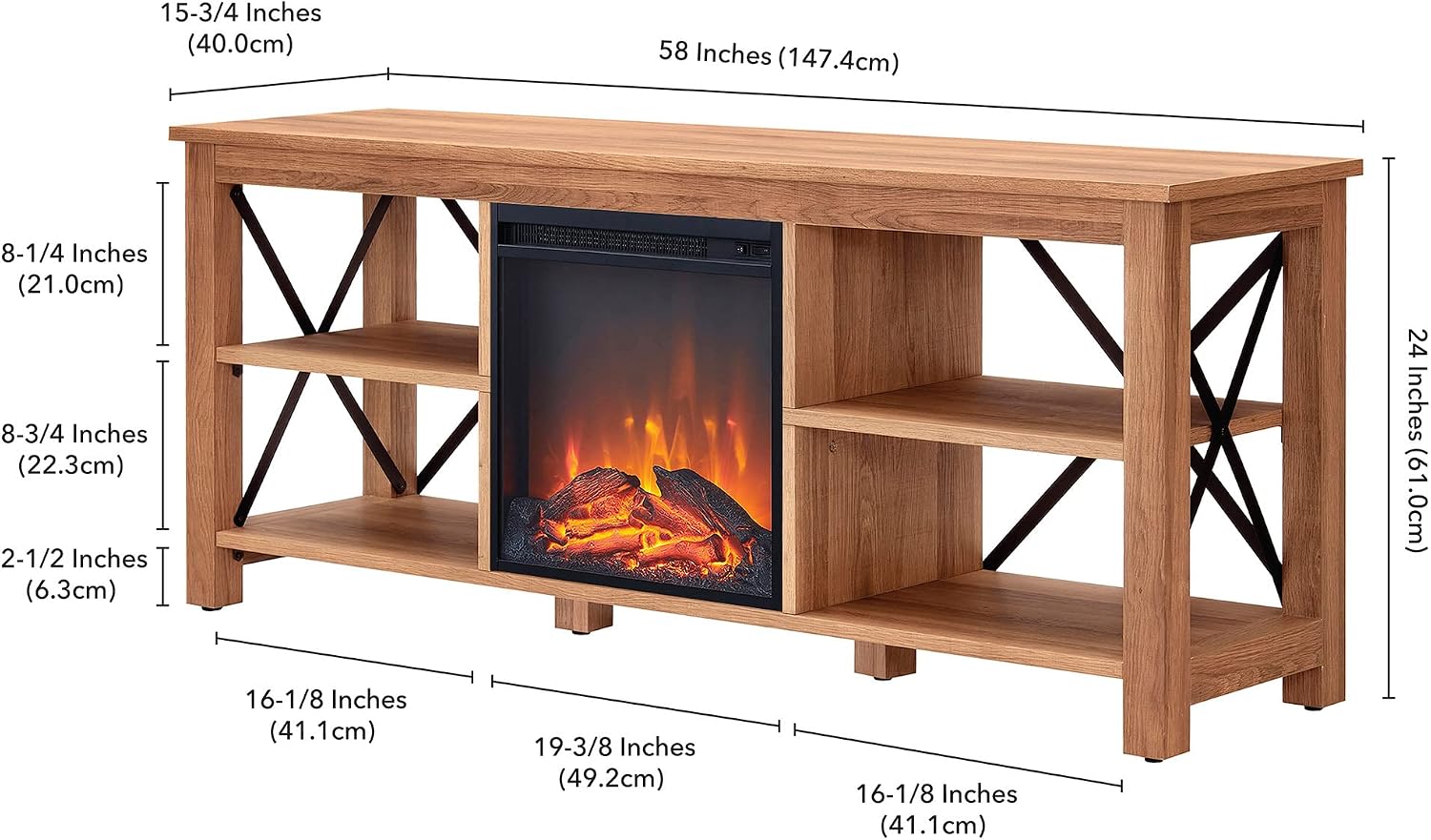 Henn&Hart Rectangular TV Stand with Log Fireplace for TV's up to 65' in Golden Brown, TV Stands for the Living Room