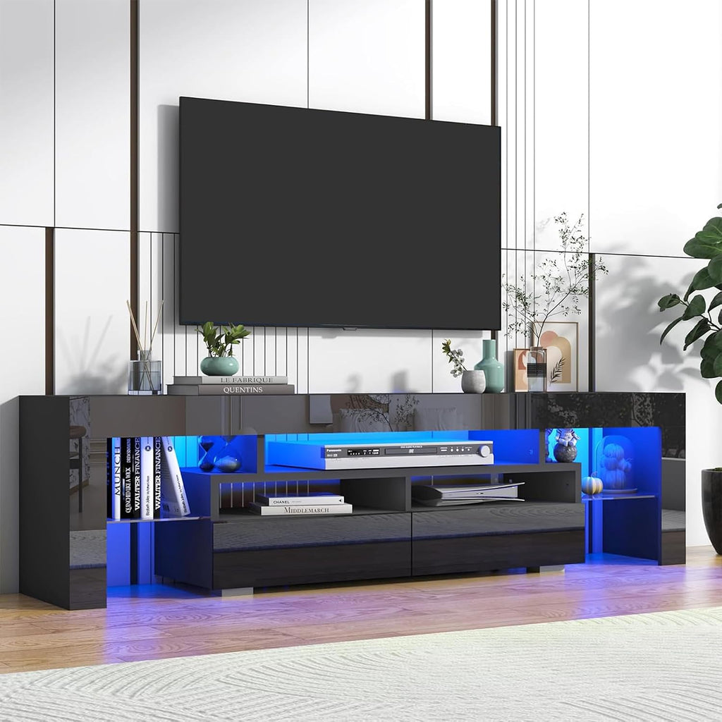 Vinctik 6&Fox 70in LED TV Stand for 75/80/85 inch TV,Modern Black TV Stands for Living Room,High Gloss TV Entertainment Center with 2 Large Storage Drawer,APP RGB Light,TV Console(71in Black)