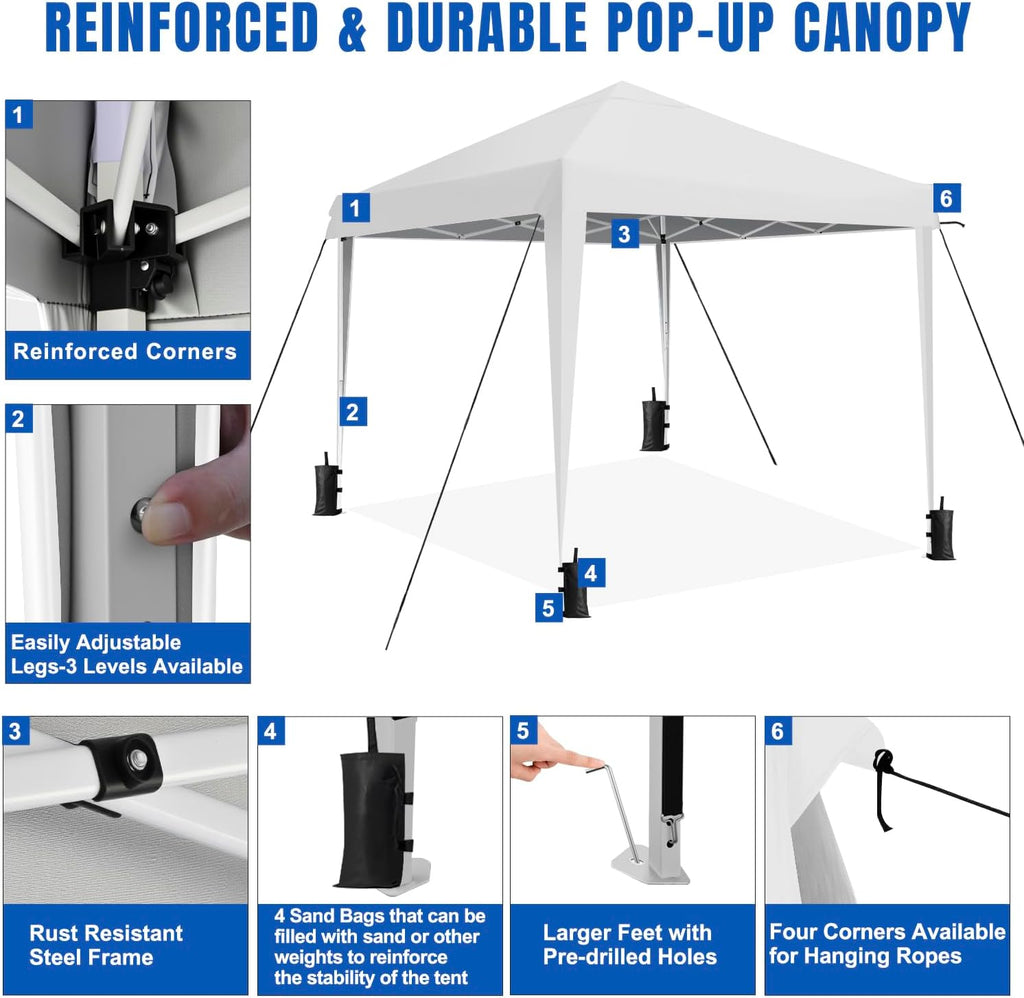 Yesker 10x10 Pop Up Canopy Tent UPF 50+ Waterproof Outdoor Canopy Portable Folding Easy Setup Gazebo Adjustable Height Instant Sun Shade Tent with Wheeled Bag for Events Parties Camping Patio, White