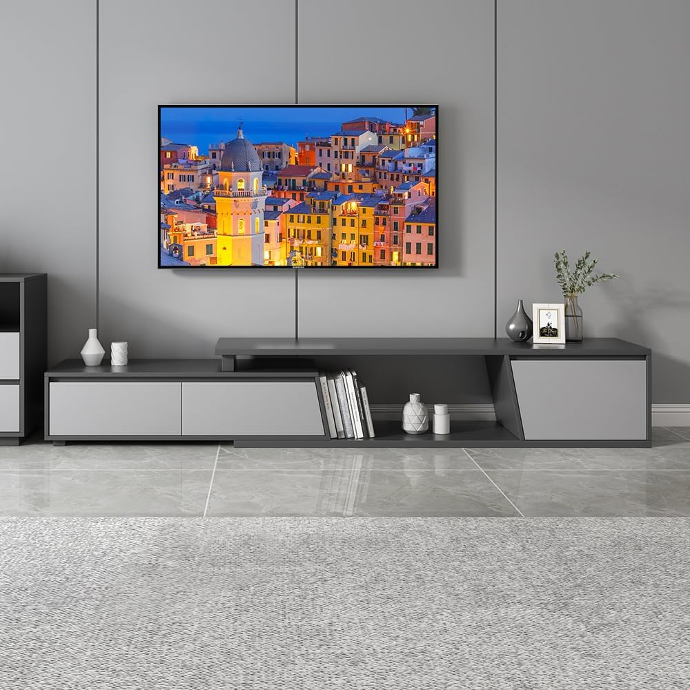 homary Extendable TV Stand with 3 Drawers Minimalist Rectangle Entertainment Center TV Console Up to 110' (70.9'W-110.2'W) (Gray)