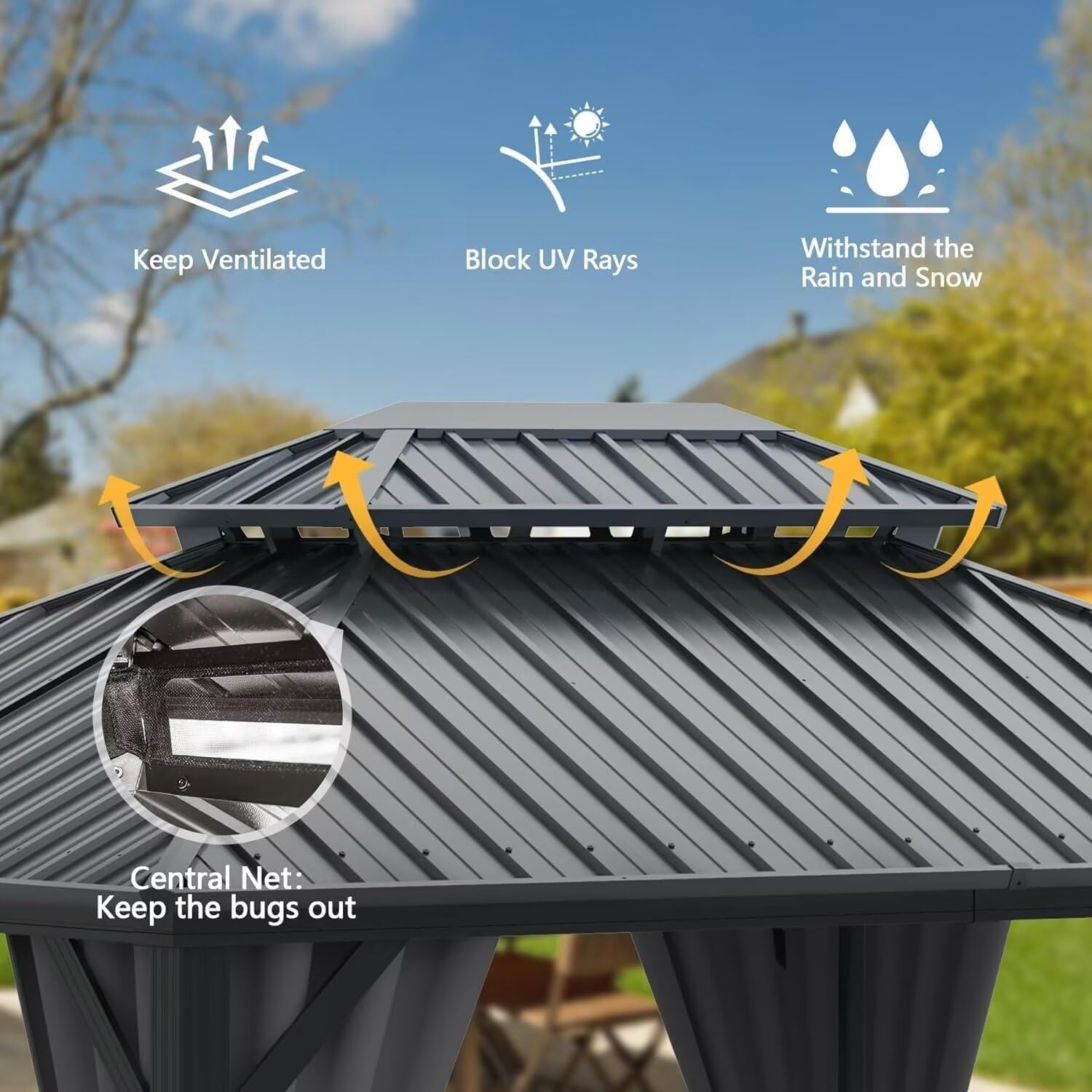 Domi 8' X 10' Hardtop Gazebo Canopy with Netting & Curtains, Outdoor Metal Gazebo with Galvanized Steel Double Roof for Patio Lawn and Garden, Gray