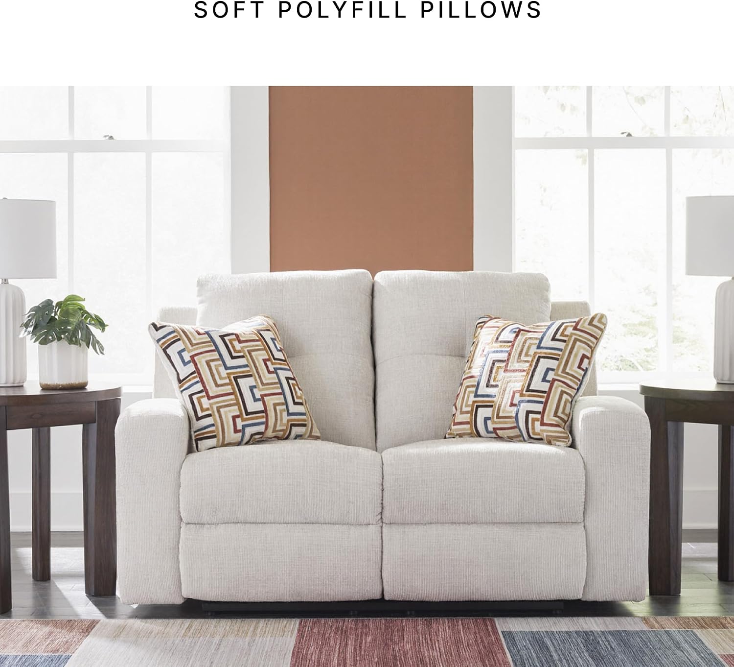 Signature Design by Ashley Danum Modern Tufted Manual Reclining Loveseat with 2 Accent Pillows, Beige