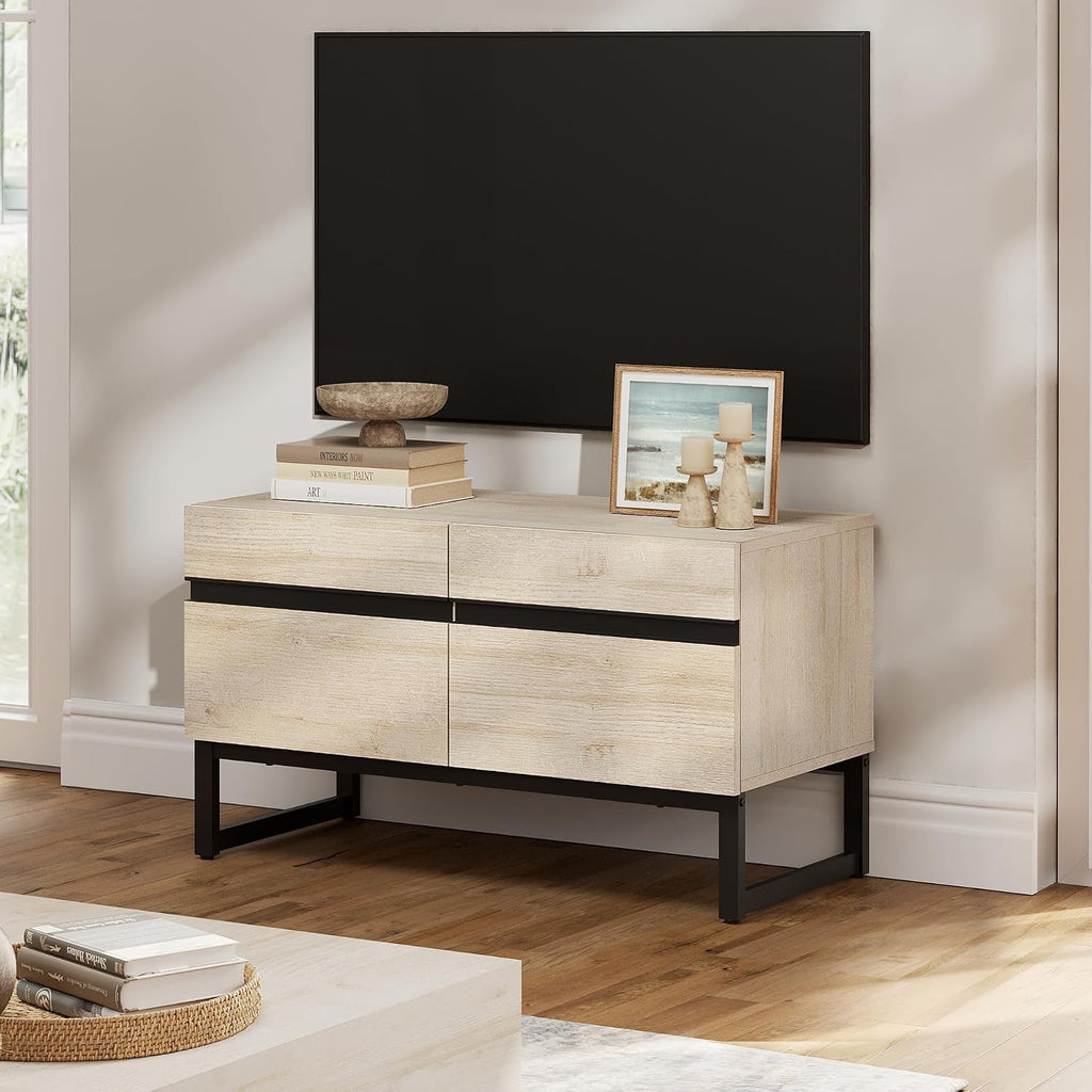 WAMPAT Modern TV Stand for 26-40 Inch TVs, Wood Entertainment Center with Metal Base Storage Cabinets, Media TV Console for Living Room, Light Oak, 1Pcs