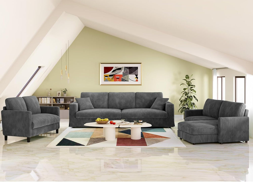 Welzona Corduroy Sofa Couch, 101' Comfy Couches for Living Room, Classic Grey | 24' Extra Deep Seat, Tool-Free Sofas, All-Wood Loveseat, 2 Pillows Included, 850lbs Load-bearing
