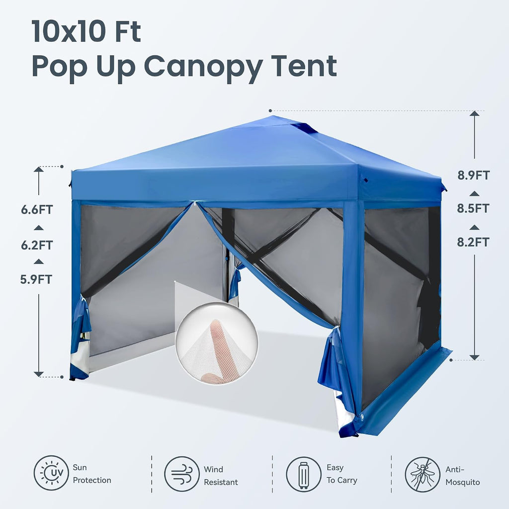 PHI VILLA 10 x 10 Pop Up Canopy Tent with Netting, Instant Gazebo, Ez up Screen House Room with Carry Bag, Height Adjustable, for Outdoor, Garden, Patio,Blue