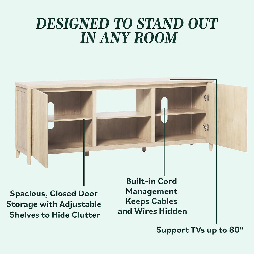 Walker Edison Scandinavian Reeded TV Stand with Open Storage for up to 80' TV Coastal Oak
