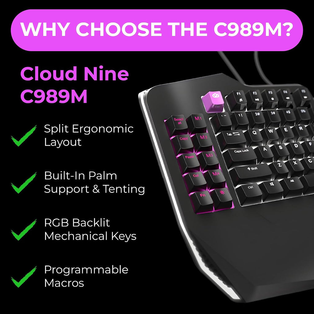 Cloud Nine C989 Ergonomic Mechanical Keyboard for PC - Kailh Linear Red Switches - RGB Light Up LED Backlit with USB - Ergo Split Key Board with Macro