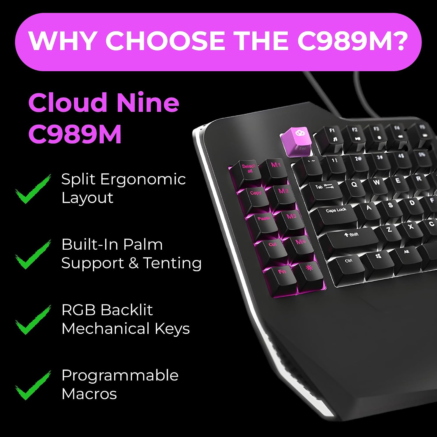 Cloud Nine C989 Ergonomic Mechanical Keyboard for PC - Kailh Linear Red Switches - RGB Light Up LED Backlit with USB - Ergo Split Key Board with Macro