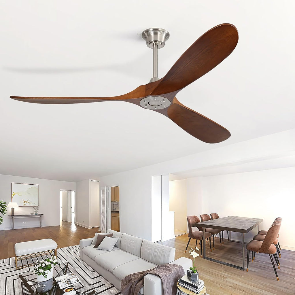 CACI Mall 60' Ceiling Fan no Light, Outdoor Ceiling Fans for Patios Without Lights, Remote Control, Solid Wood 3 Blades, Quiet, Indoor Ceiling Fan for Living Room, Patio, Bedroom, Porch, Farmhouse