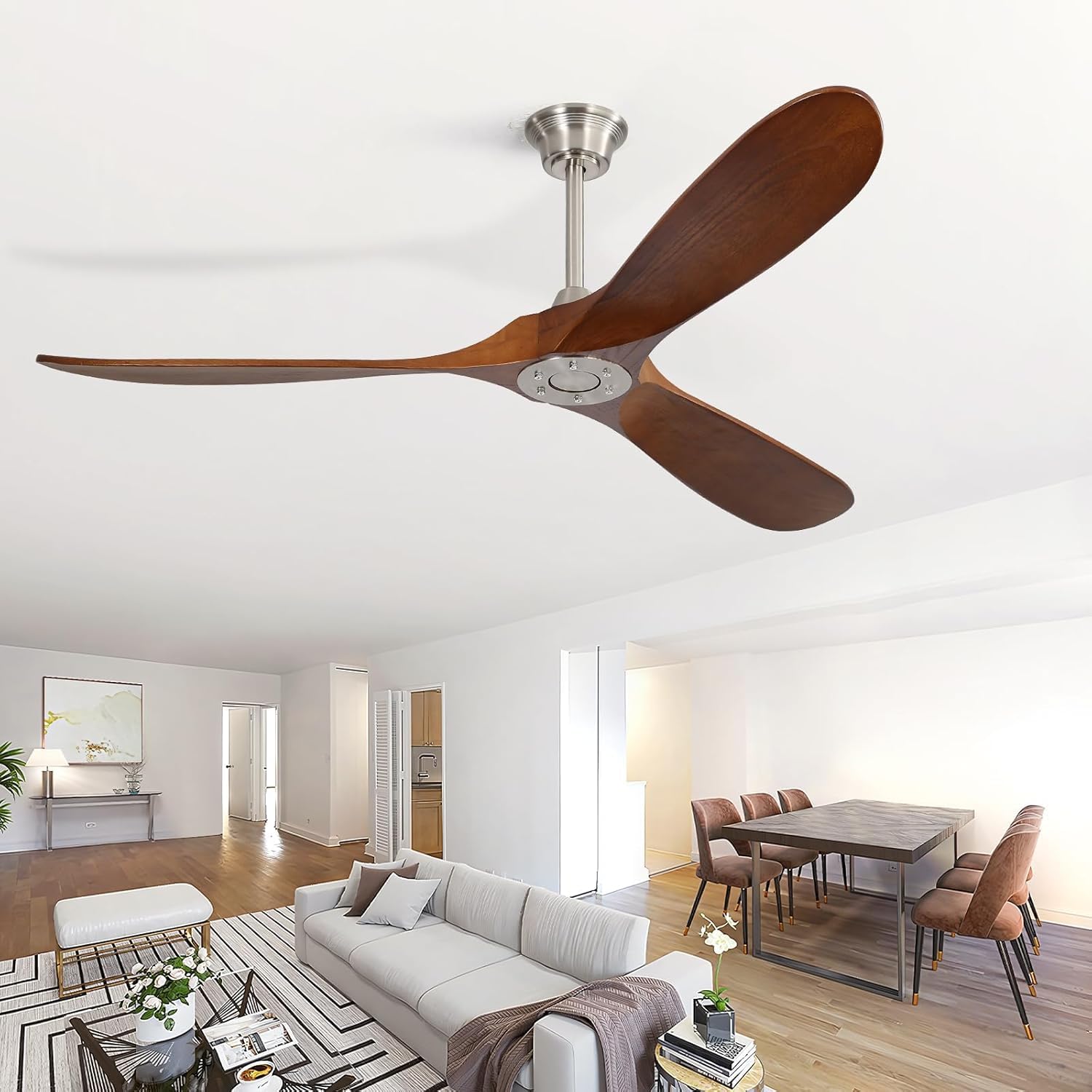 CACI Mall 60' Ceiling Fan no Light, Outdoor Ceiling Fans for Patios Without Lights, Remote Control, Solid Wood 3 Blades, Quiet, Indoor Ceiling Fan for Living Room, Patio, Bedroom, Porch, Farmhouse