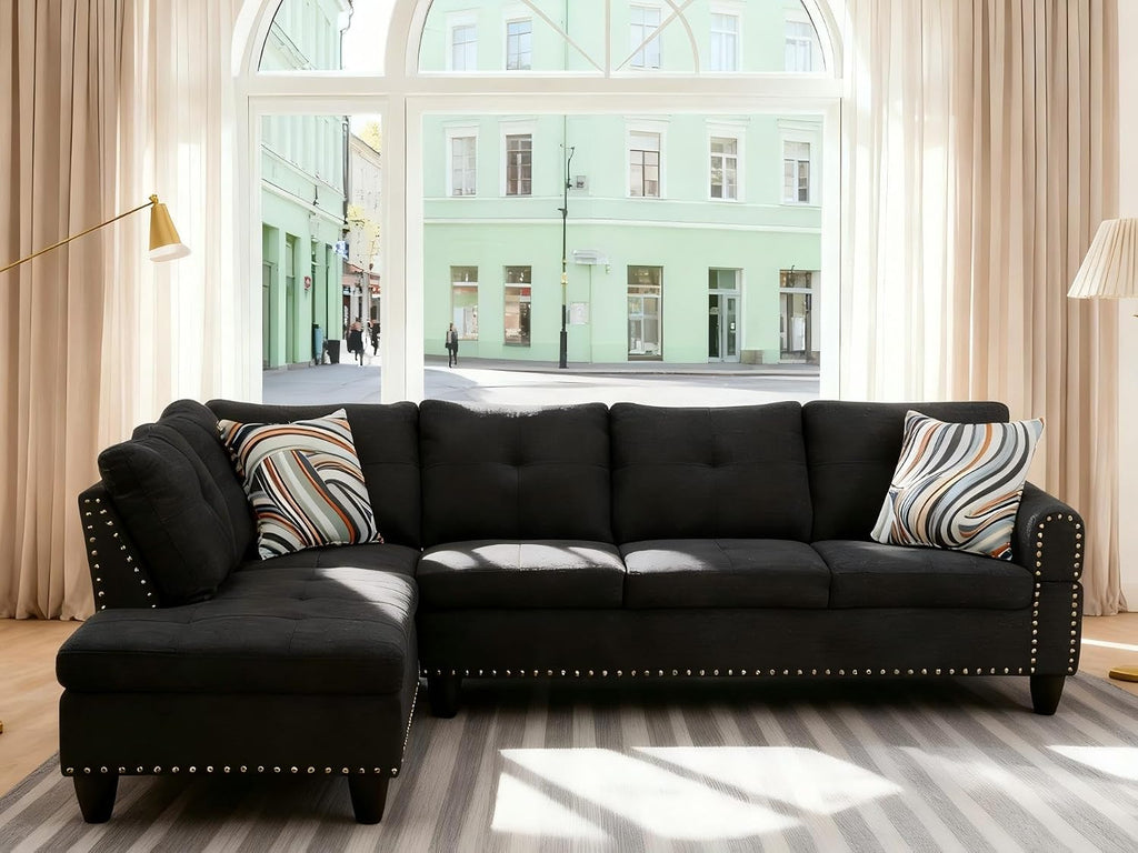 Modern L-Shaped Sectional Sofa with Cup Holder, 4-Seater Fabric Couch with Chaise Lounge, for Living Room, Apartment, Studio, Easy Assembly, Black