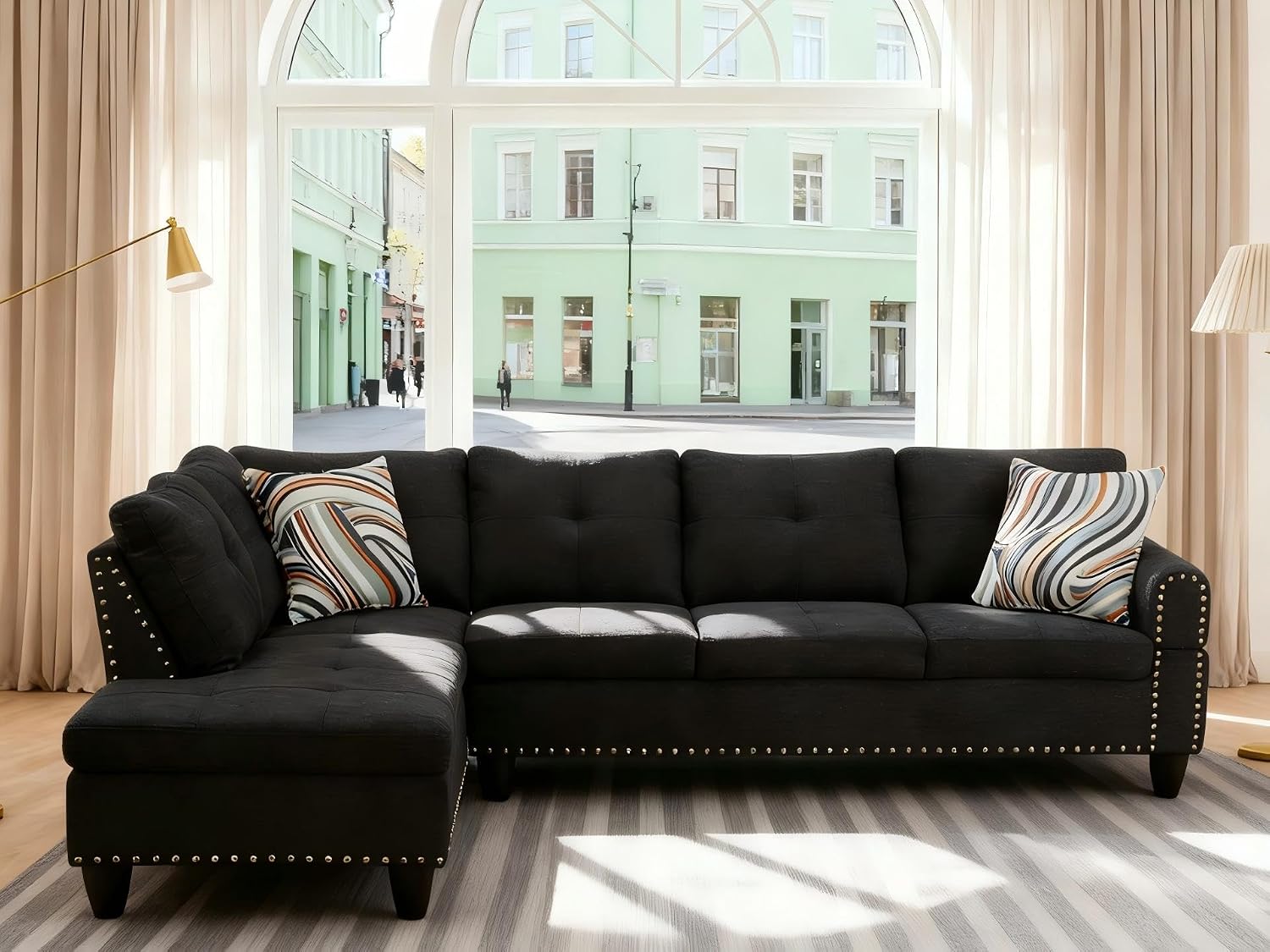 Modern L-Shaped Sectional Sofa with Cup Holder, 4-Seater Fabric Couch with Chaise Lounge, for Living Room, Apartment, Studio, Easy Assembly, Black