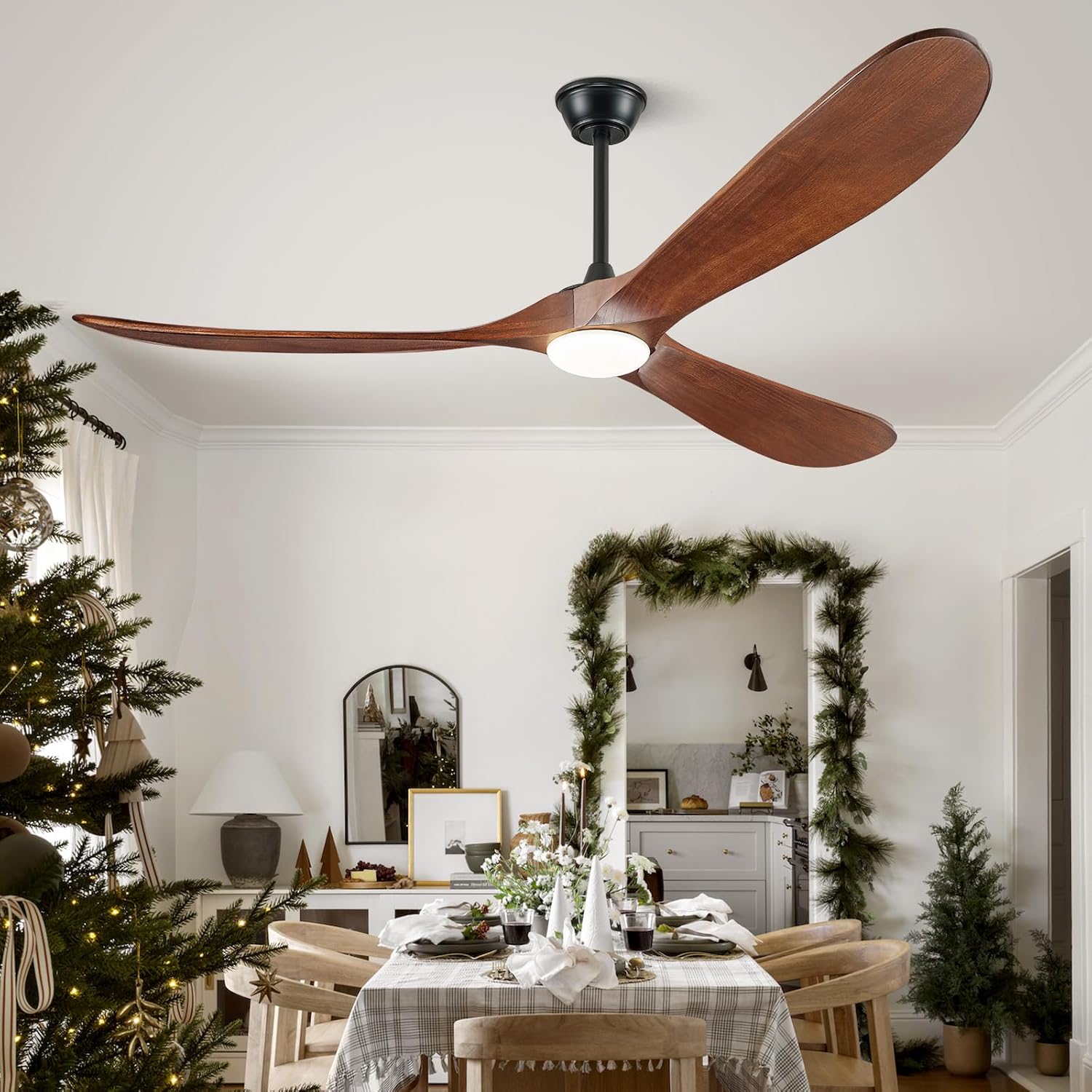 60' Outdoor Ceiling Fans with Lights and Remote Control, 3 Blade Ceiling Fan with Lights High CFM Quiet Wood Walnut Outdoor Fan, Propeller Ceiling Fan for Outdoor/Indoor/Patio,Deep Walnut