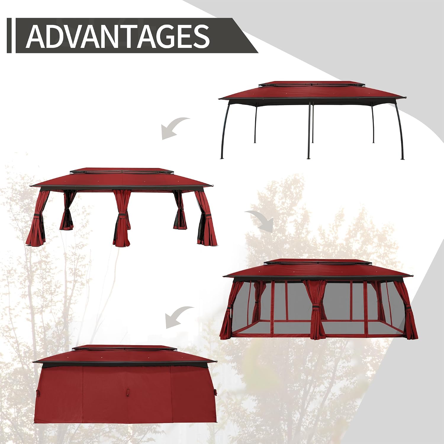 Outdoor Patio Gazebo 10'x20', CPAI-84 Heavy Duty Party Tent & Shelter with Double Roofs, Mosquito Netting and Privacy Curtains for Backyard, Garden, Lawn, Red
