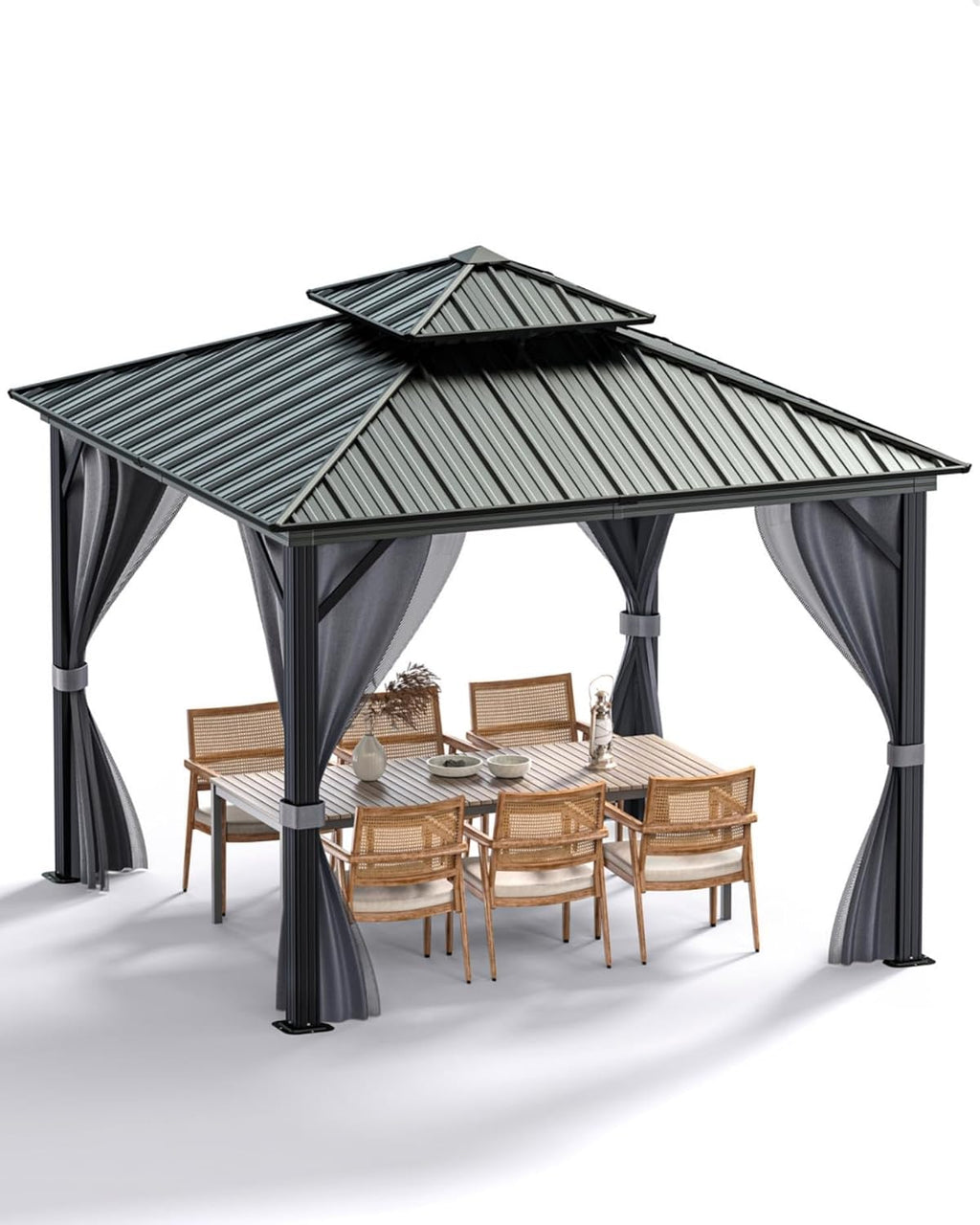 12'x12' Hardtop Gazebo - Heavy Duty Galvanized Steel Frame with Double Roof, Includes Netting & Curtains for Patio/Backyard (Gray)