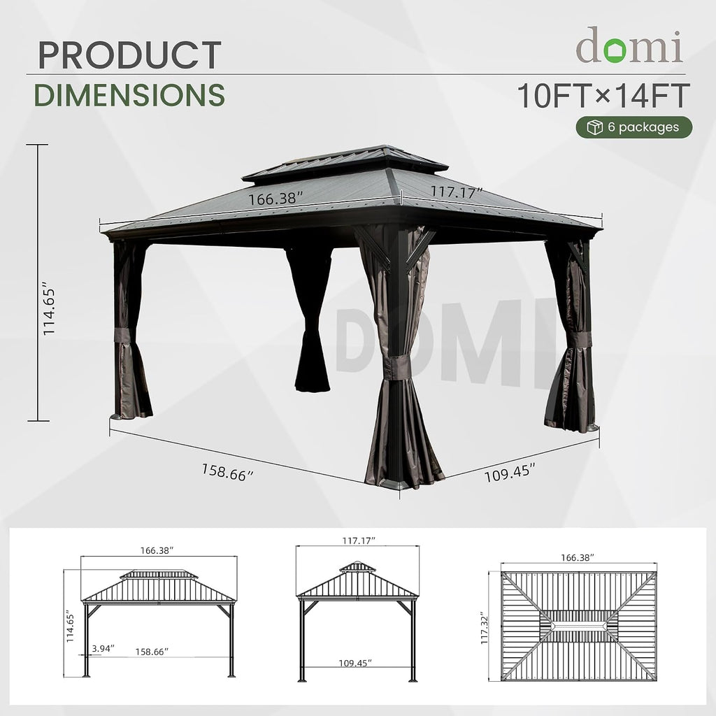 Domi 10' X 14' Hardtop Gazebo, Upgraded Metal Gazebo with Dual-Layer Resin Roof, Drainage System, Curtain and Netting, Outdoor Shelter Canopy for Patio, Garden, and Backyard, Grey