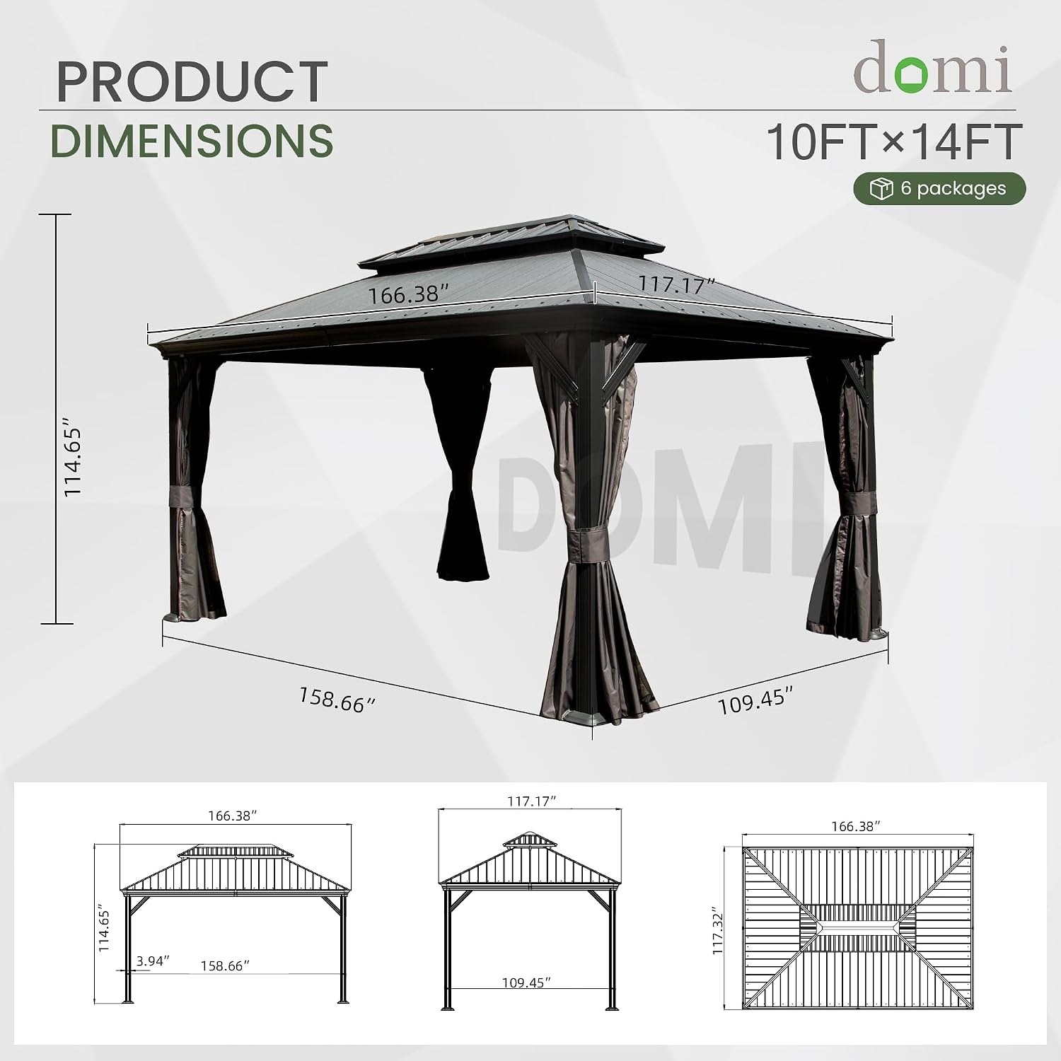 Domi 10' X 14' Hardtop Gazebo, Upgraded Metal Gazebo with Dual-Layer Resin Roof, Drainage System, Curtain and Netting, Outdoor Shelter Canopy for Patio, Garden, and Backyard, Grey