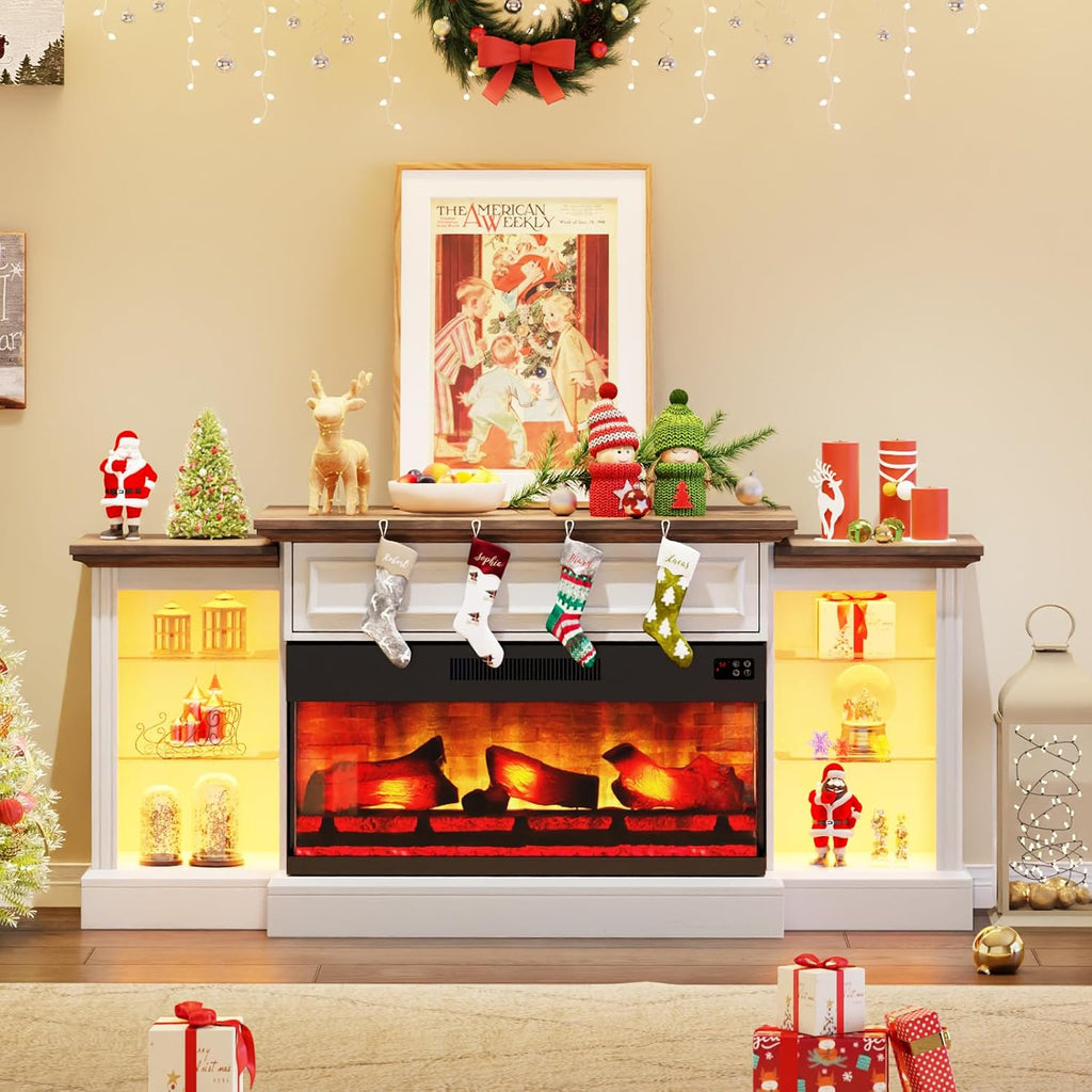AMERLIFE 70' Fireplace TV Stand with Mantel, Farmhouse Wood Entertainment Center with 3-Sided Glass Fireplace for TVs up to 75', Adjustable Shelves & LED Lights, Distressed White