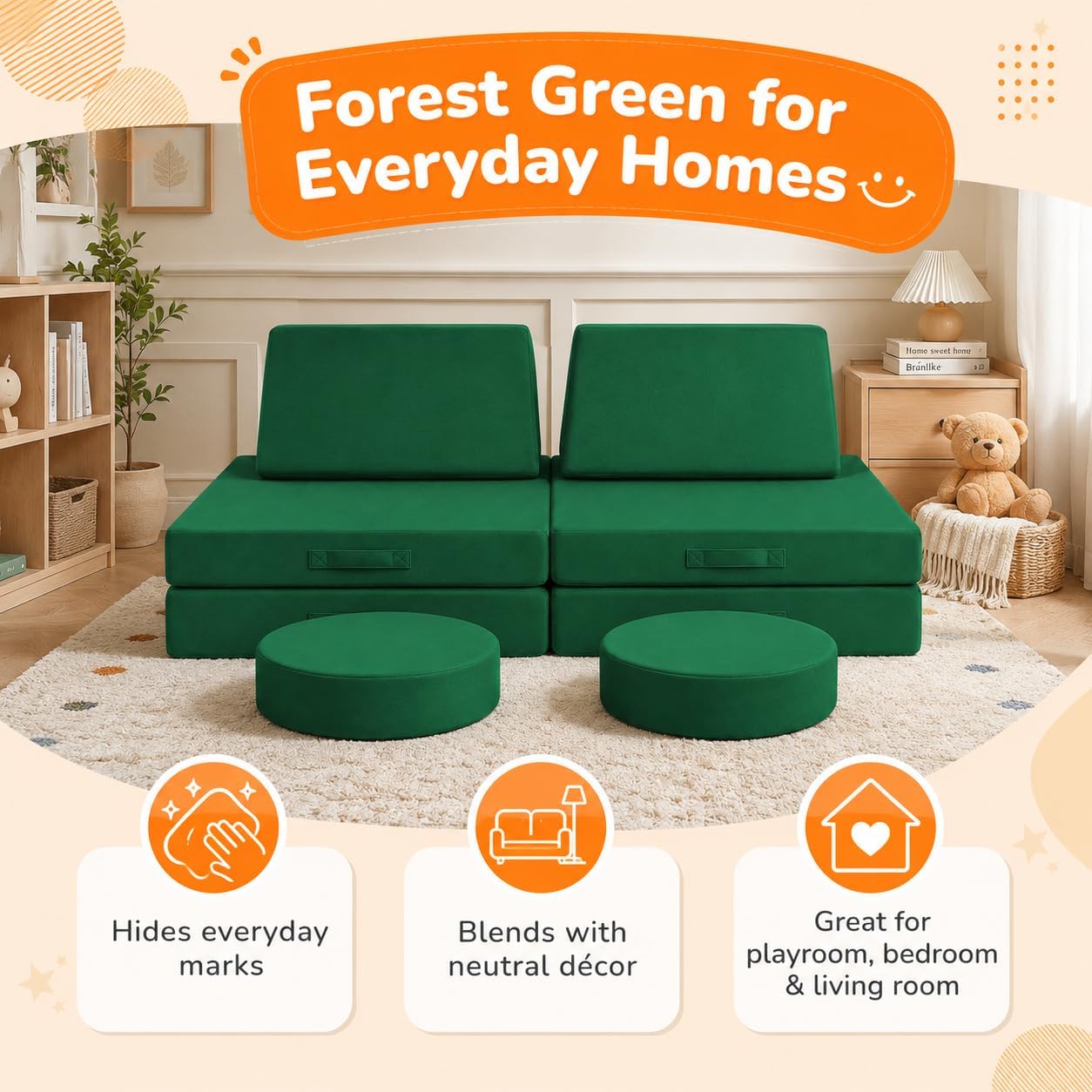 MeMoreCool Kids Play Couch, 8-Piece Modular Foam Sofa Fort Builder Set in Forest Green, Convertible Kids Couch with Washable Plush Cover for Playroom and Bedroom