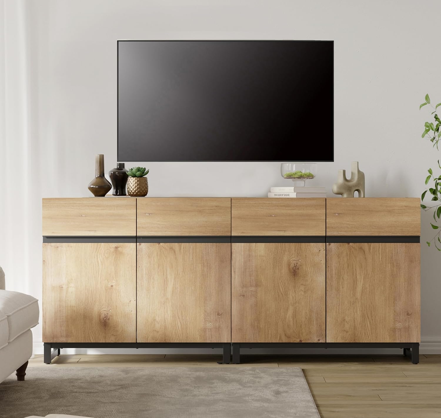 WAMPAT Modern TV Stand for TVs Up to 70 Inch, 2-in-1 Entertainment Center with Adjustable Shelves & Metal Base, Media Console for Living Room or Bedroom, Oak