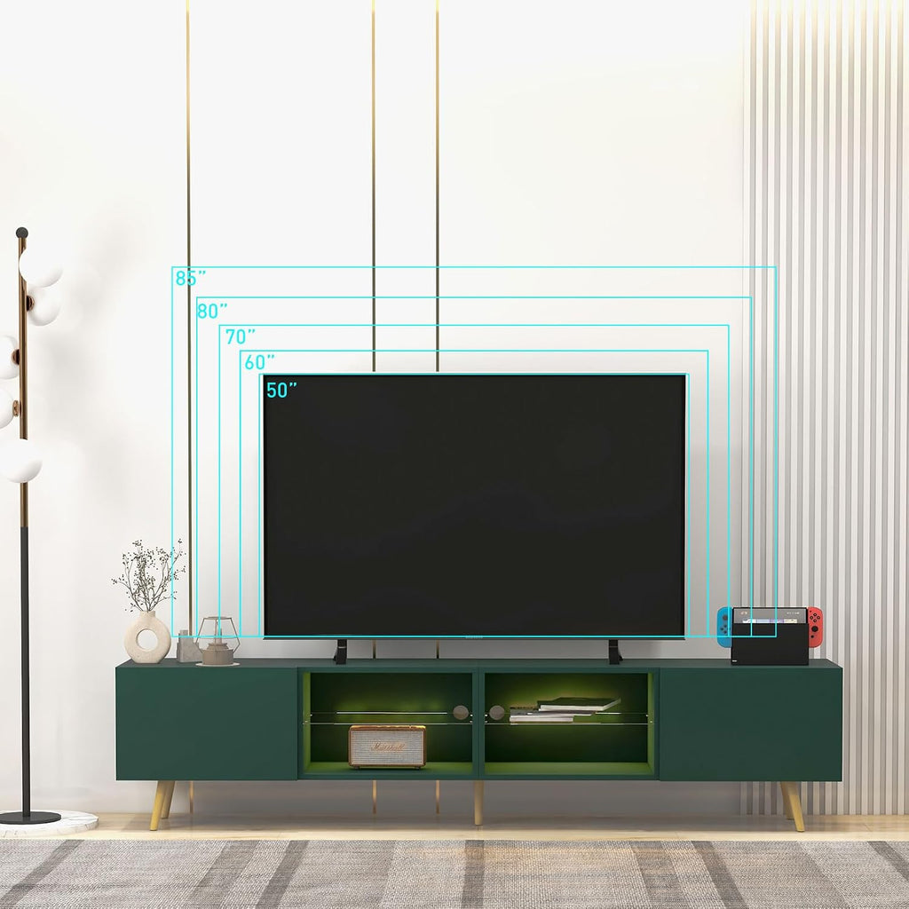 Bonzy Home 86' LED TV Stand, Modern Entertainment Center up to 90' TV, Television Console Table with Storage Cabinets for Living Room, Dark Green