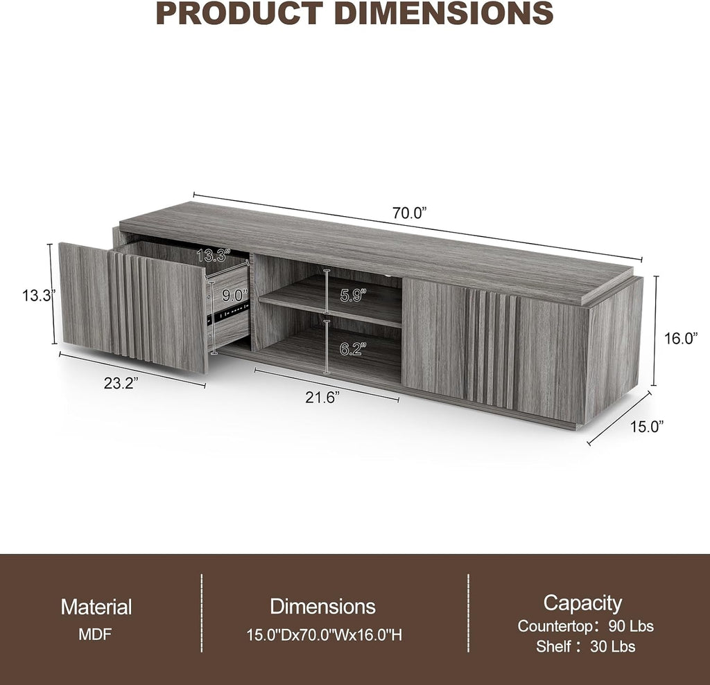 BELLEZE 70' Fluted TV Stand for TVs up to 75', Media Entertainment Center Console Table with Oversize Drawers and 2-Tier Open Shelves, Wood Storage Cabinet for Living Room, 15'D x 70'W x 16'H-(Gray)