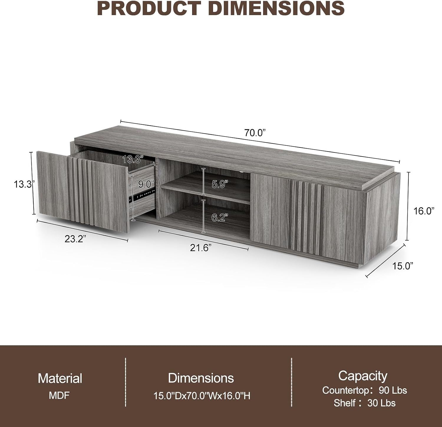 BELLEZE 70' Fluted TV Stand for TVs up to 75', Media Entertainment Center Console Table with Oversize Drawers and 2-Tier Open Shelves, Wood Storage Cabinet for Living Room, 15'D x 70'W x 16'H-(Gray)