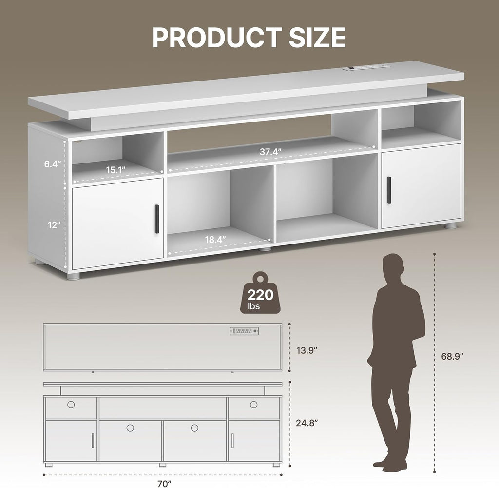 SUNCOZE TV Stand, Entertainment Center with LED Lights and Cabinet for 70/75/80 Inch TV, Modern TV Console Gaming Media Television Stands with Power Outlets for PS5 in Living Room and Bedroom, White