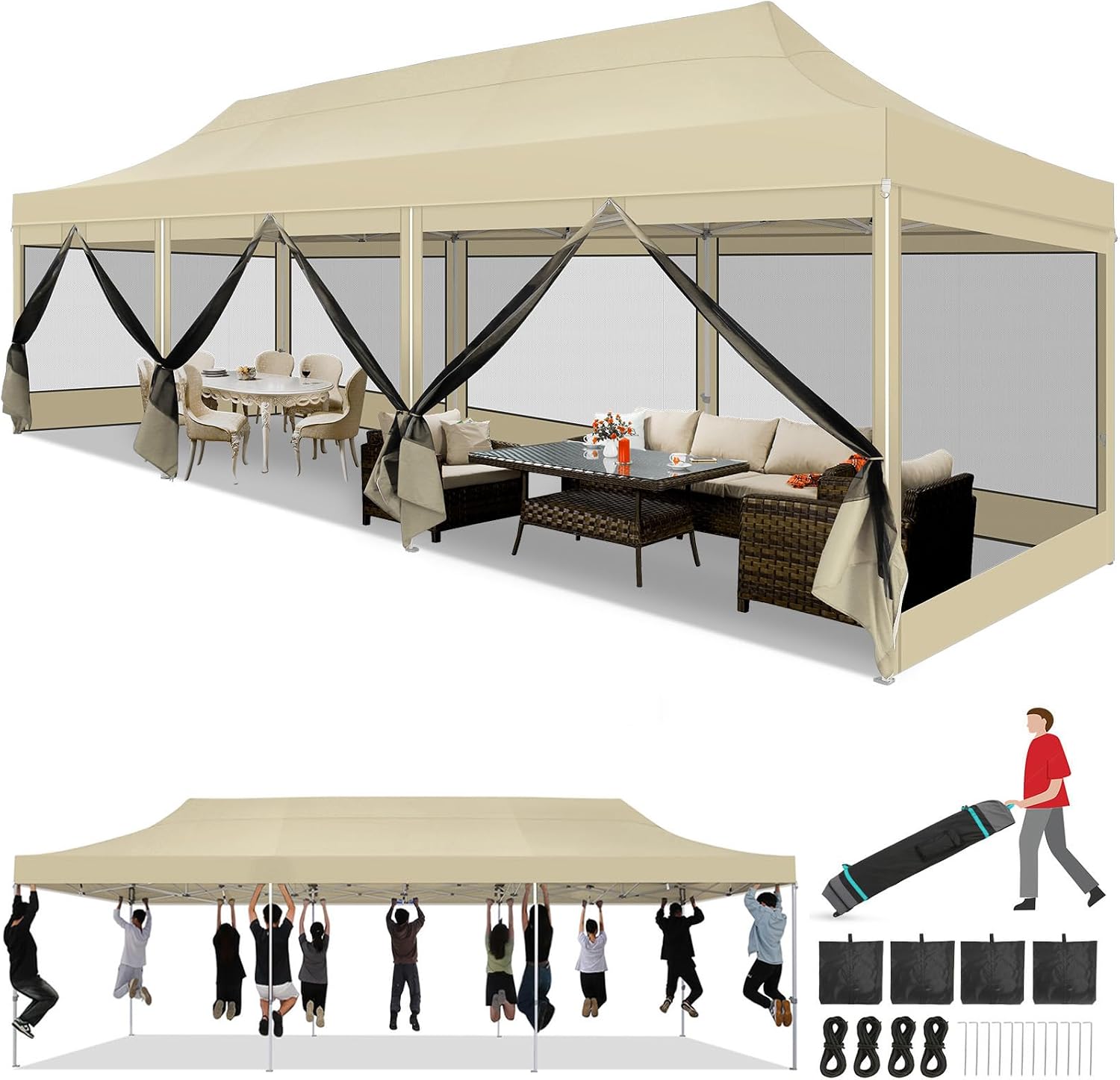 COBIZI 10x30 Heavy Duty Pop Up Canopy Tent with 8 Sidewalls, Easy Set Up Outdoor Waterproof Screen Commercial Party Tent with Mosquito Netting for Parties Backyard Patio, Roller Bag, Khaki