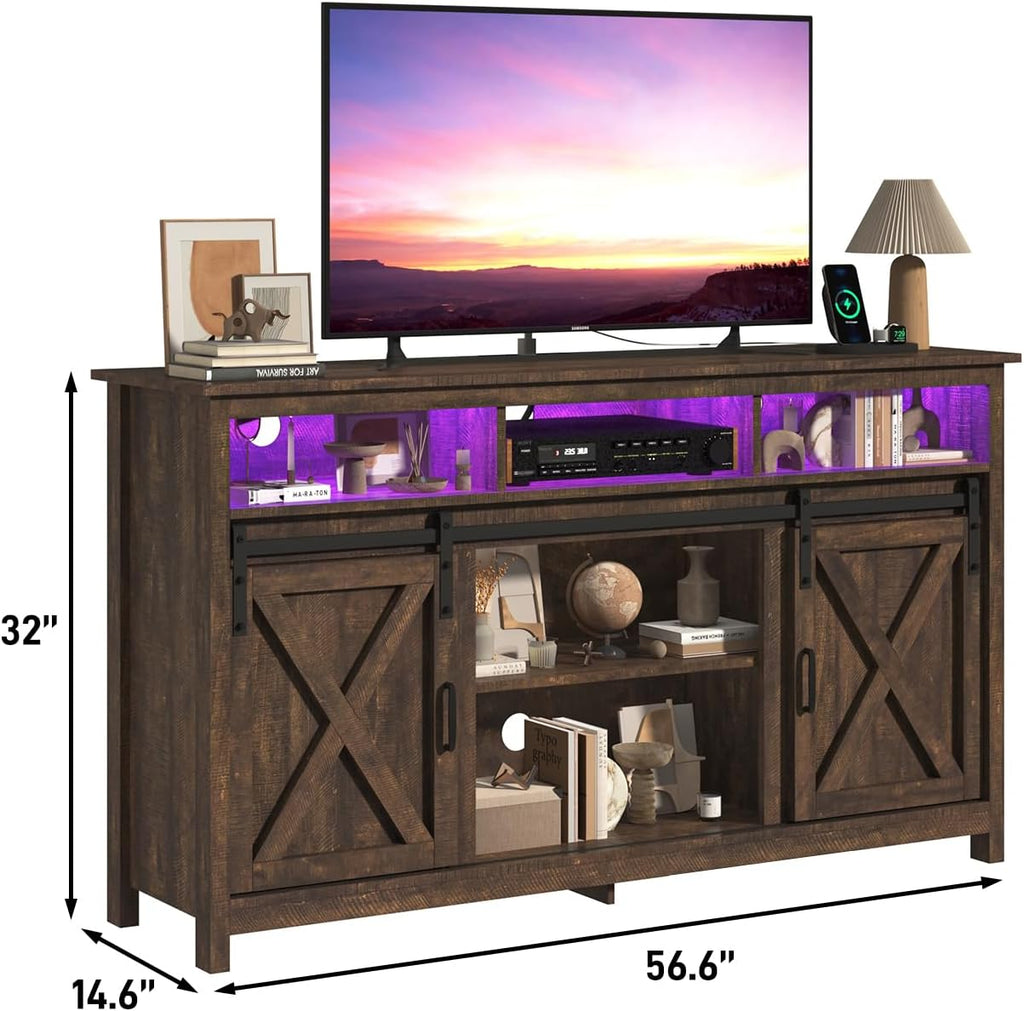 jiteentarou Farmhouse TV Stand for 65 Inch TV with Power Outlet, LED Entertainment Center with Storage and Sliding Barn Doors, Wood Media Console for Living Room, Brown